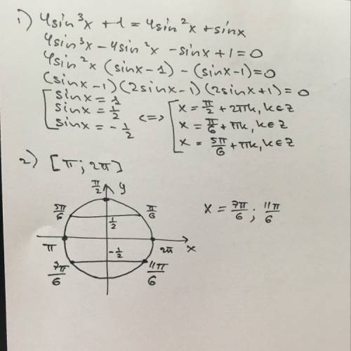 4sin^3x+1=4sin^2x+sinx решить уравнение и найтивсе корни принадлежащие промежутку [п; 2п]?