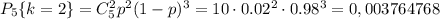 P_5\{k=2\}=C^2_5p^2(1-p)^3=10\cdot 0.02^2\cdot 0.98^3=0,003764768