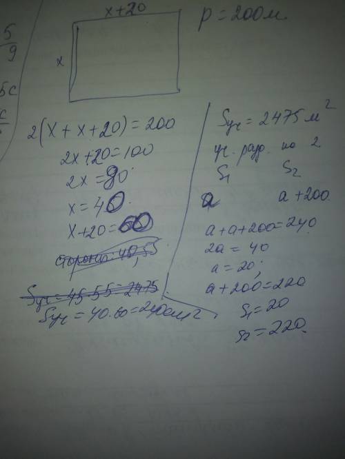 Участок прямоугольной формы окружен изгородью длиной 200 метров, причём длина его на 20 м больше шир