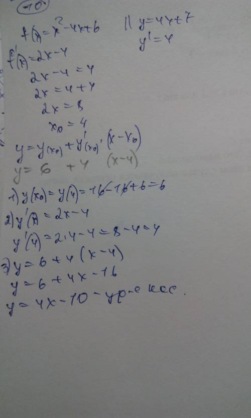 Найдите уравнение касательной к графику функции f(x)=x^2- 4x +6 , которая параллельна прямой у=4x +7