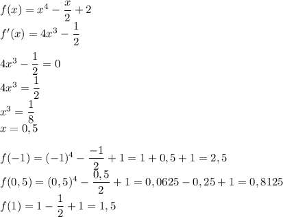 f(x)=x^4- \dfrac{x}{2}+2 \\ f'(x)=4x^3- \dfrac{1}{2} \\ \\ 4x^3- \dfrac{1}{2}=0 \\ 4x^3= \dfrac{1}{2} \\ x^3= \dfrac{1}{8} \\ x=0,5 \\ \\ f(-1)=(-1)^4- \dfrac{-1}{2}+1= 1+0,5+1=2,5 \\ f(0,5)=(0,5)^4- \dfrac{0,5}{2}+1=0,0625-0,25+1=0,8125 \\ f(1)=1- \dfrac{1}{2}+1=1,5