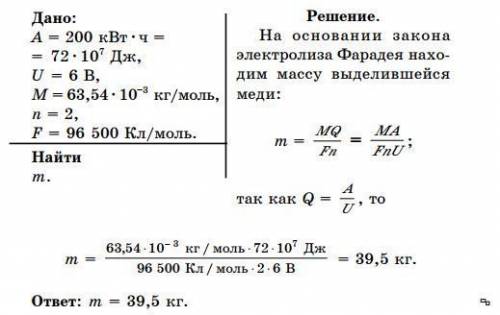 При электролизе водного раствора cuso4 была совершена работа 200 квт*ч. определить массу полученной