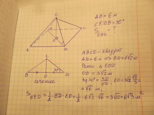 Сторона основания правильной четырёхугольной пирамиды равно 6м угол между боковым ребром и плоскость