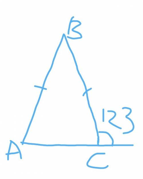 Втреугольнике авс ав=вс а внешний угол при вершине с равен 123градусов найдите величину угла в