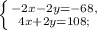 \left \{ {{-2x-2y=-68,} \atop {4x+2y=108;}} \right.