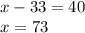 x - 33 = 40 \\ x = 73