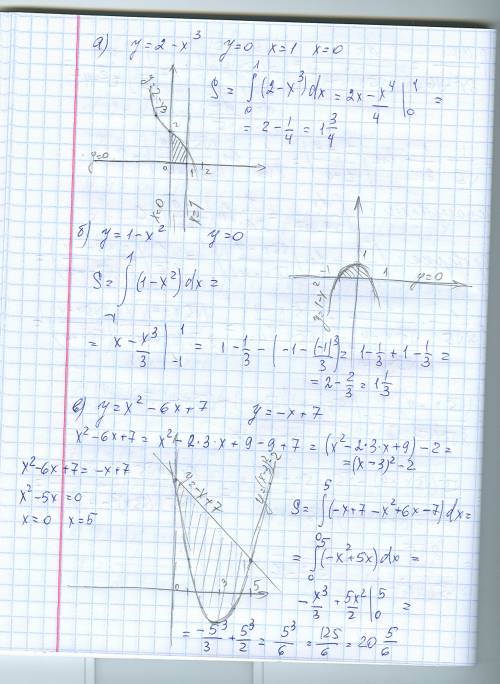 Вычислитe площадь фигуры, ограниченной линиями: а) y=2-x3. y=0. x=1. x=0 б) y=1-x2, y=0 в) y=x2-6x+7