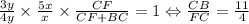 \frac{3y}{4y}\times \frac{5x}{x}\times \frac{CF}{CF+BC}=1 \Leftrightarrow \frac{CB}{FC}= \frac{11}{4}