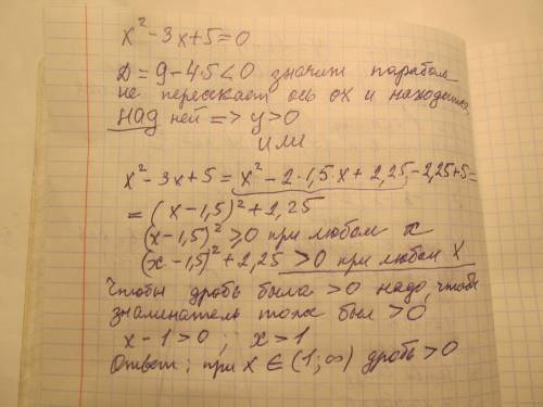 X^2-3x+5/x-1> 0 через дискреминант не получается надо что-подставить,