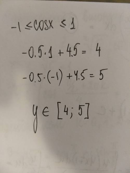 Найдите множество значений функции y= -0.5 cos x + 4.5