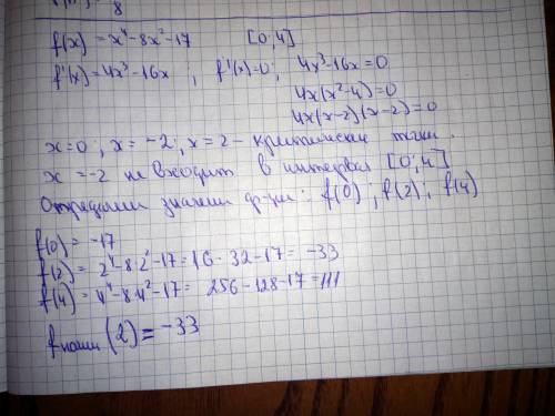 Найти наименьшее значение функцииf(x)=x^4-8x^2-17 на отрезке[0; 4]