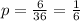 p= \frac{6}{36} = \frac{1}{6}