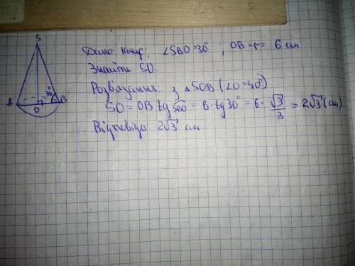 Кут між твірною і площиною основи конуса 30 радіус основи конуса дорівнює 6 см. знайти висоту конуса