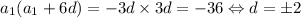 a_{1}(a_{1}+6d)=-3d\times 3d=-36 \Leftrightarrow d=\pm 2