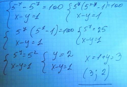 Решите систему уравнений: 5^x-5^y=100 x-y=1 ,