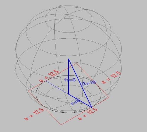 На сферу, радиус которой 10 см, наложен ромб так, что сторона его равная 12,5см касается сферы ,плос