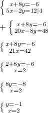 \left \{ {{x+8y=-6} \atop {5x-2y=12}|4} \right.\\\\+\left \{ {{x+8y=-6} \atop {20x-8y=48}} \right. \\\\\left \{ {{x+8y=-6} \atop {21x=42}} \right. \\\\\left \{ {{2+8y=-6} \atop {x=2}} \right.\\\\\left \{ {{8y=-8} \atop {x=2}} \right. \\\\\left \{ {{y=-1} \atop {x=2}} \right.