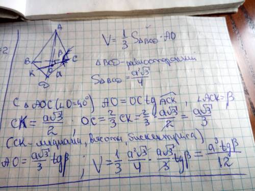 Боковые ребра правильной трехугольной пирамиды образуют с плоскостью основания угол бетта.найти объе
