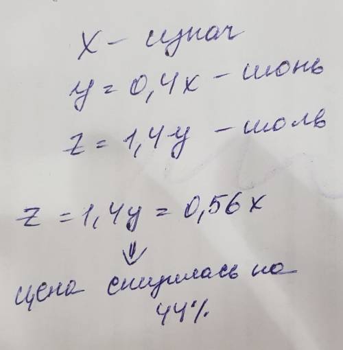 Вначале июня яблоки подешевели на 60%, а в начале июля подорожали на 40%. на сколько процент от нача