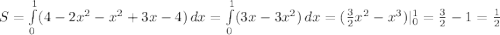 S=\int\limits^1_0 ({4-2x^{2}-x^{2}+3x-4}) \, dx= \int\limits^1_0 ({3x-3x^{2}}) \, dx=(\frac{3}{2}x^{2} -x^{3})|_0^1=\frac{3}{2}-1=\frac{1}{2}