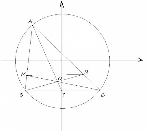 Треугольник abc вписан в окружность радиуса r. на сторонах ab и ac отметили соответственно точки м и