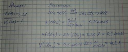 Какой объем хлора (н.у) потратиться на хлорирование 5,6 л метана (н.у.) до дихлорметана