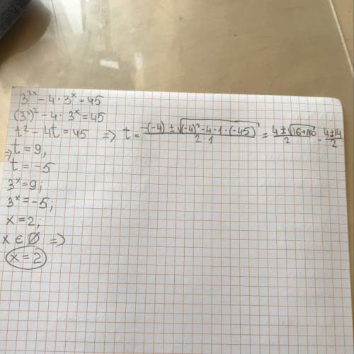 Найдите сумму корней уравнения: 3^2x-4*3^x=45 ответы: а) 0,5 б) 2 в) 3 г) 4 у меня получился ответ в