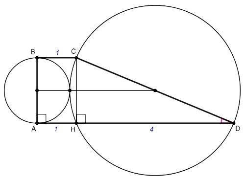Центры двух касающихся окружностей с серединами боковых сторон прямоугольной трапеции. диаметр каждо
