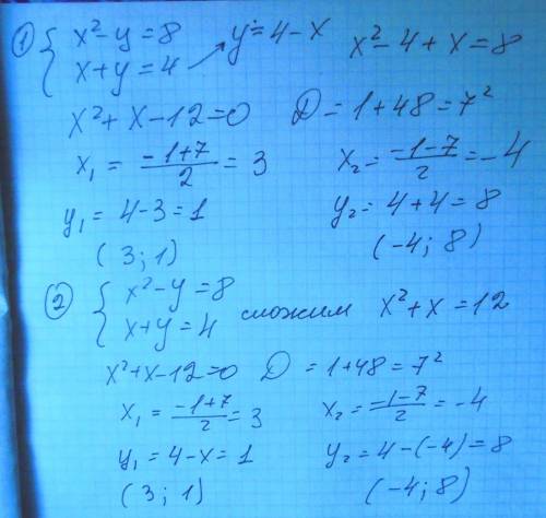 {x^2-y=8 x+y=4 мне нужно добавление и подстановки