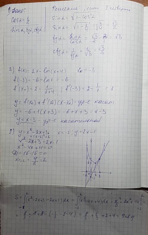 Вычислите: sin a, tg a, ctg a, если cos a=1/2 и 3π/2 составьте уравнение касательной к графику функц