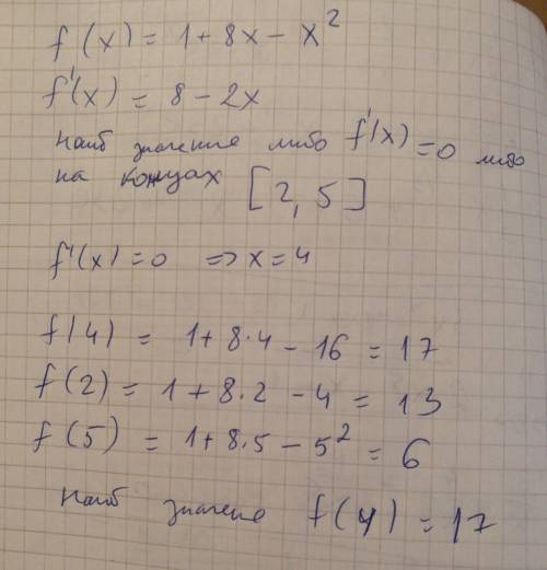 Найдите наибольшее значение f(x) =1+8x-x² на отрезке [2; 5] !