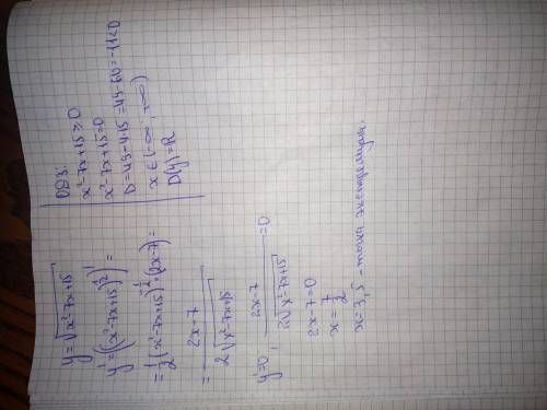 Найдите точку экстремума функции y= корень из x^2-7x+15