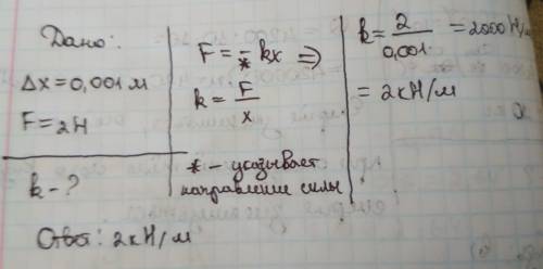 Пружина растянута на 0,001 м под действием силы 2н. чему равна жёсткость этой желательно на бумажке