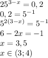 25^{3-x}=0,2\\0,2=5^{-1}\\5^{2(3-x)}=5^{-1}\\6-2x=-1\\x=3,5\\x\in(3;4)
