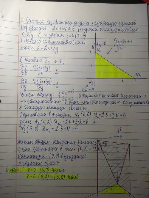 Найдите экстремумы функции z=2x+3y в области x≥0, y≥0, 2x+3y≤6. желательно подробно.