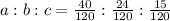 a:b:c=\frac{40}{120}:\frac{24}{120} :\frac{15}{120}