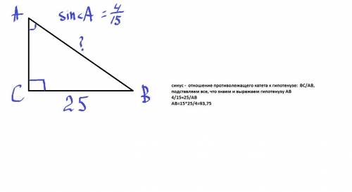 Знайдить гипотенузу прямокутного трикутника авс c - 90° bc - 25 см sin a 4/15