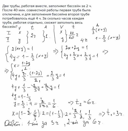 Две трубы, работая вместе, заполняют бассейн за 2 ч. после 40 мин. совместной работы первая труба бы