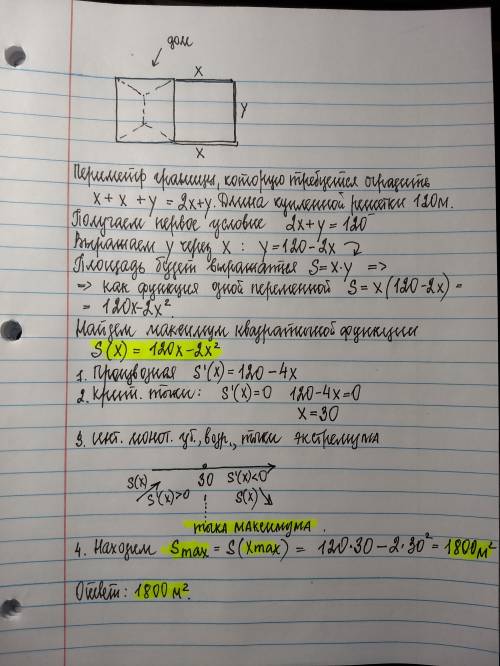 Найдите наибольшую площадь прямоугольного участка, прилегающего с одной стороны к дому, который можн