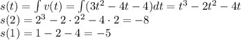 s(t)=\int v(t)=\int(3t^2-4t-4)dt=t^3-2t^2-4t\\ s(2)=2^3-2\cdot 2^2-4\cdot 2=-8\\ s(1)=1-2-4=-5