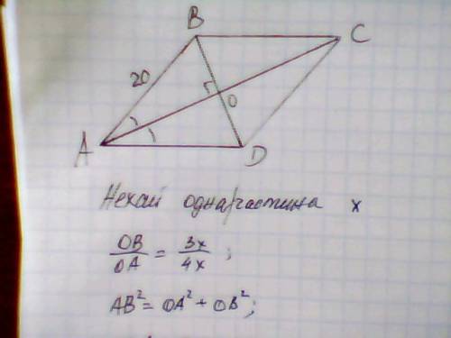 Діагоналі ромба відносяться як 3: 4 а його сторона дорівнює 20 см обчисліть площу ромба