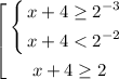 $\left[ \begin{gathered} $\left\{ \begin{gathered} x+4 \ge 2^{-3} \\ x+4 < 2^{-2} \\ \end{gathered} \right.$ \\ x+4 \ge 2 \\ \end{gathered} \right.$