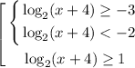 $\left[ \begin{gathered} $\left\{ \begin{gathered} \log_{2}(x+4) \ge -3 \\ \log_{2}(x+4) < -2 \\ \end{gathered} \right.$ \\ \log_{2}(x+4) \ge 1 \\ \end{gathered} \right.$