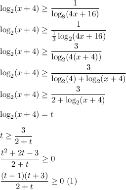 \log_{2}(x+4) \ge \dfrac{1}{\log_{8}(4x+16)} \\ \\ \log_{2}(x+4) \ge \dfrac{1}{\frac{1}{3}\log_{2}(4x+16)} \\ \\ \log_{2}(x+4) \ge \dfrac{3}{\log_{2}(4(x+4))} \\ \\ \log_{2}(x+4) \ge \dfrac{3}{\log_{2}(4) + \log_{2}(x+4)} \\ \\ \log_{2}(x+4) \ge \dfrac{3}{2 + \log_{2}(x+4)} \\ \\ \log_{2}(x+4) = t \\ \\ t \ge \dfrac{3}{2+t} \\ \\ \dfrac{t^{2}+2t-3}{2+t} \ge 0 \\ \\ \dfrac{(t-1)(t+3)}{2+t} \ge 0 \ (1)