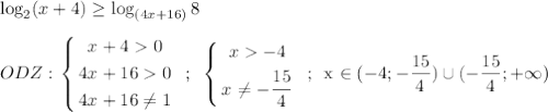 \log_{2}(x+4) \ge \log_{(4x+16)}8 \\ \\ ODZ: \ $\left\{ \begin{gathered} x + 4 0 \\ 4x+16 0 \\ 4x + 16 \ne 1 \end{gathered} \right.$ \ ; \ $\left\{ \begin{gathered} x -4 \\ x \ne -\dfrac{15}{4} \\ \end{gathered} \right.$ \ ; \ x \in (-4;-\dfrac{15}{4})\cup ( -\dfrac{15}{4}; +\infty)