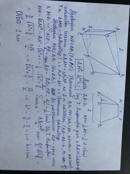 Abca1b1c1 - правильная треугольная призма. через ребро а1в1 и точку м - середина ас - проведено сече