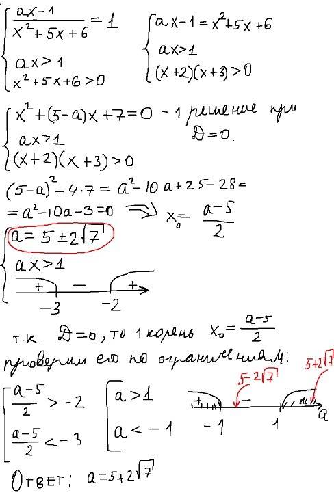 При каких значениях a уравнение lg(ax-1)-lg(x^2+5x+6)=0 имеет единственное решение?