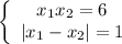 \left\{\begin{array}{I} x_1x_2=6 \\ |x_1-x_2|=1 \end{array}}