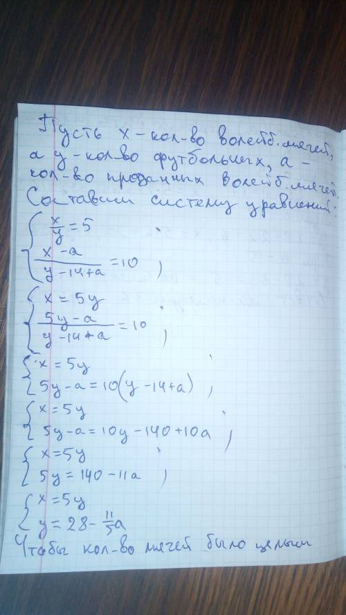 Вмагазин волейбольные и футбольные мячи, причём футбольных мячей было в 5 раз меньше чем волейбольны