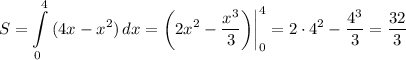 S=\displaystyle \int\limits^4_0 {(4x-x^2)} \, dx =\bigg(2x^2-\frac{x^3}{3}\bigg)\bigg|^4_0 =2\cdot4^2-\frac{4^3}{3}= \frac{32}{3}